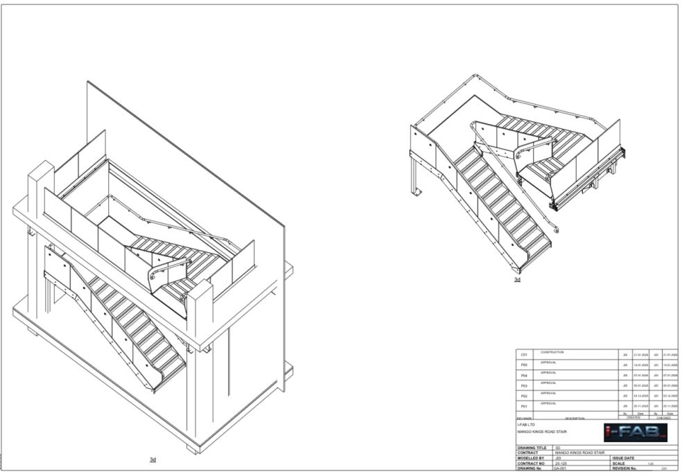CAD drawing and 3D model of contractor-designed steel metalwork