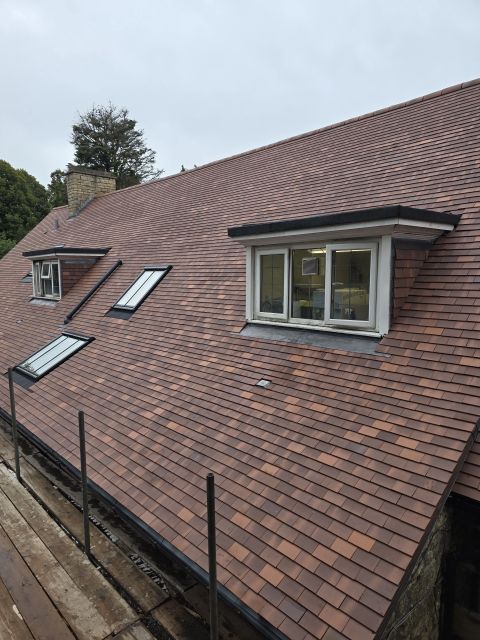Finished plain clay tile roof with rooflights
