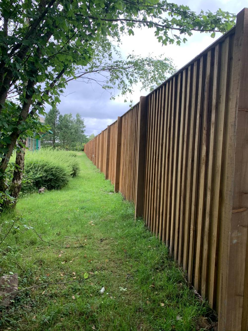 Tall close-board timber fencing along a grass path